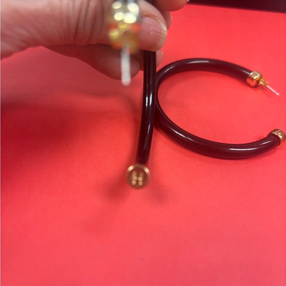 HOO  Black acrylic Hoop Earrings with Gold Accents. Hypoallergenic post. - Picture 3 of 3